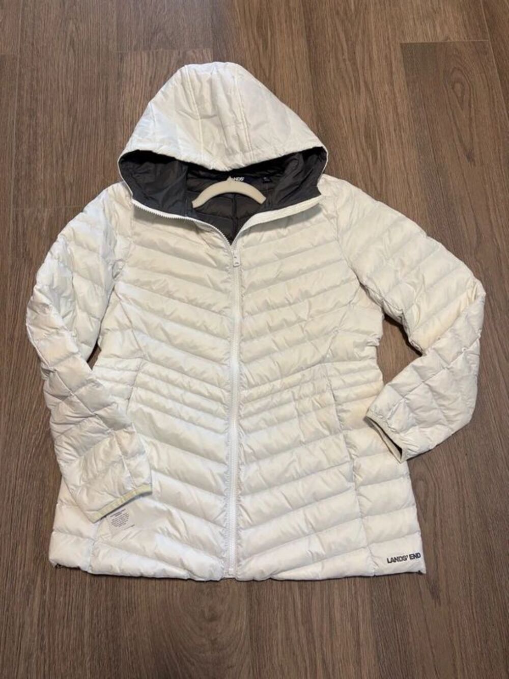 Lands End White Down Puff Jacket Mid Length Sz M 10/12 ultralight packable